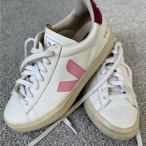 Veja Women's White and Pink Logo Sneakers